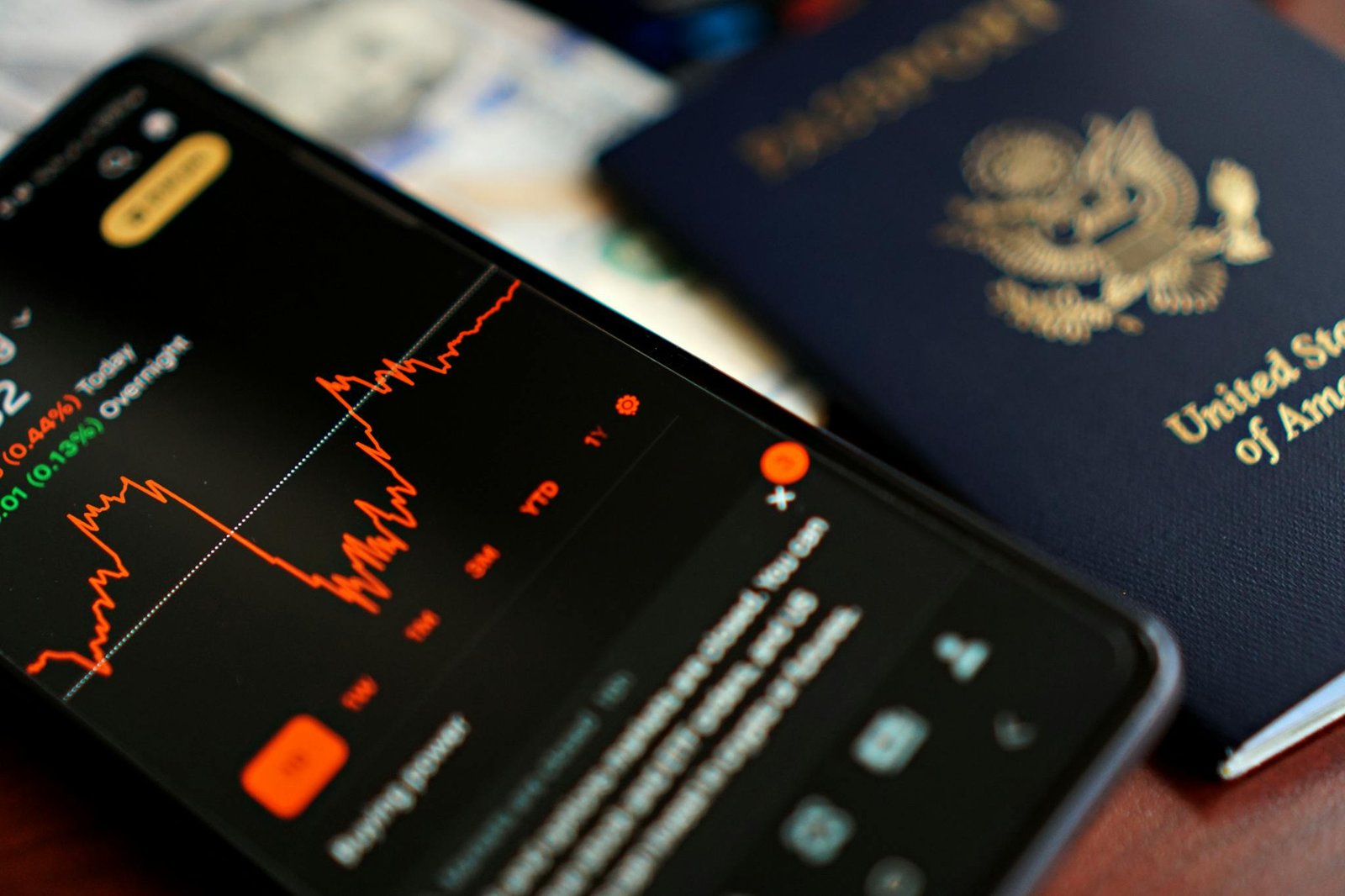 Close-up of a smartphone displaying stock data next to a US passport, suggesting travel and finance themes.